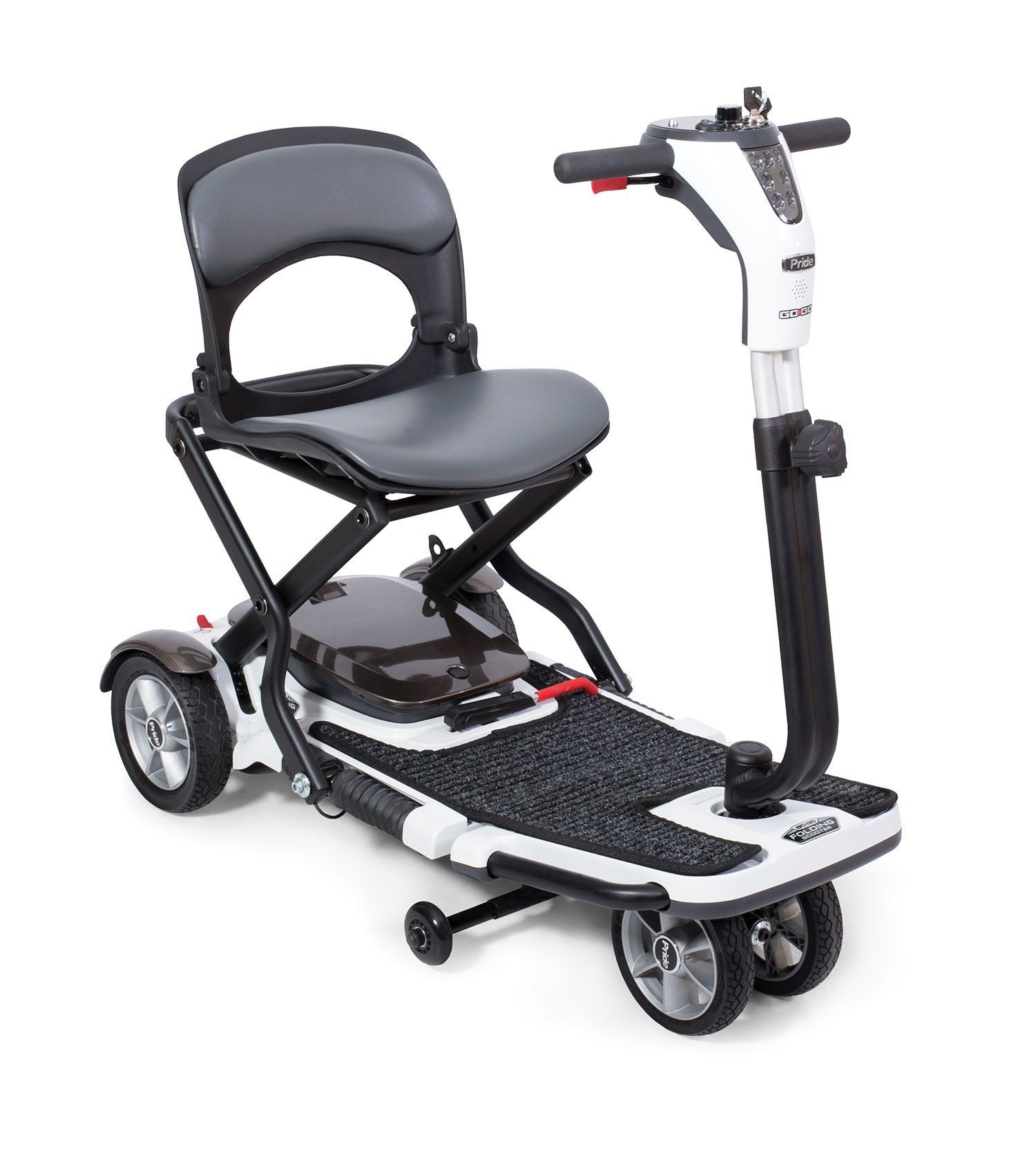 A folding mobility scooter with a seat on a white background.