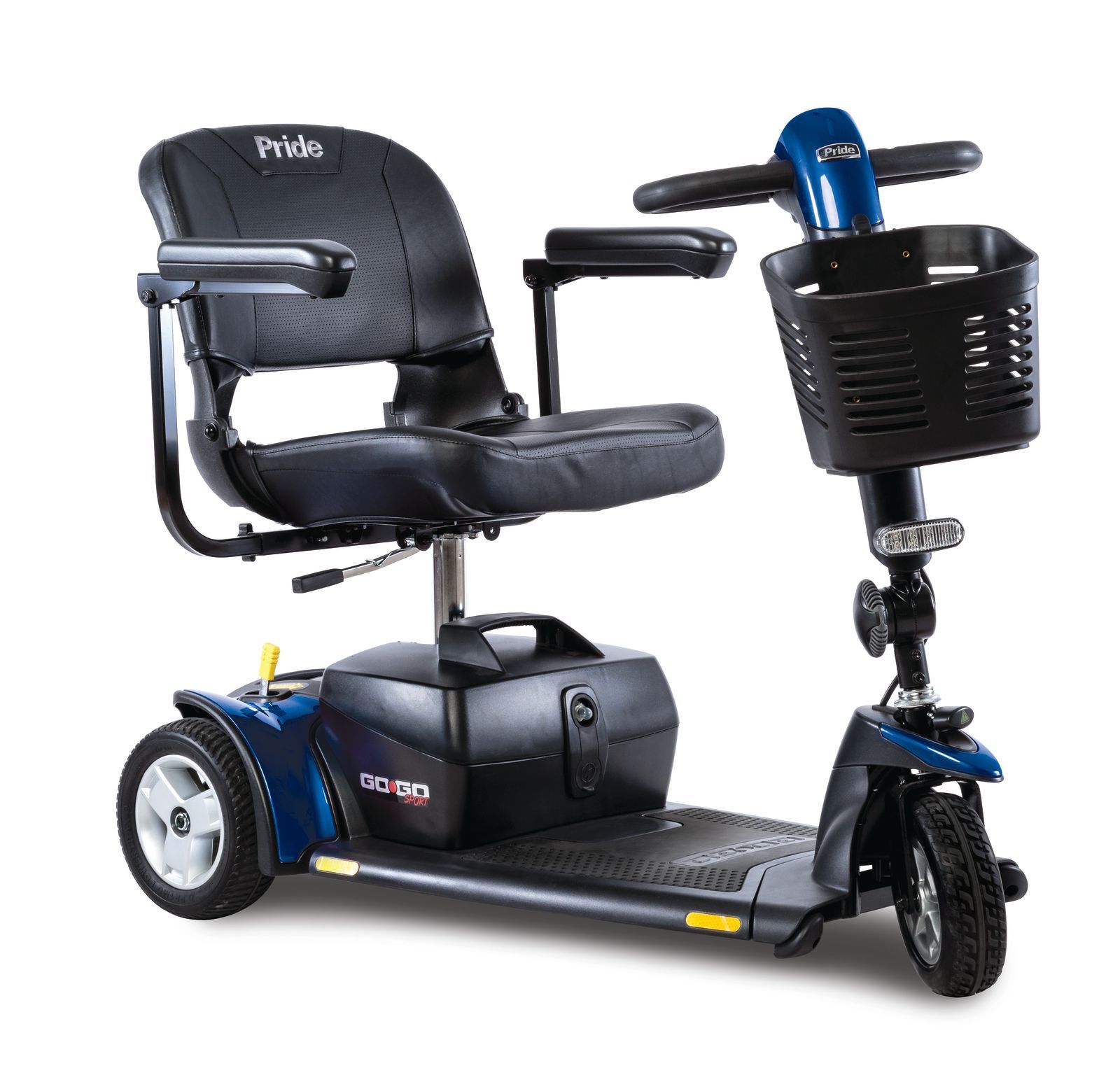A blue and black mobility scooter with a basket on the front.