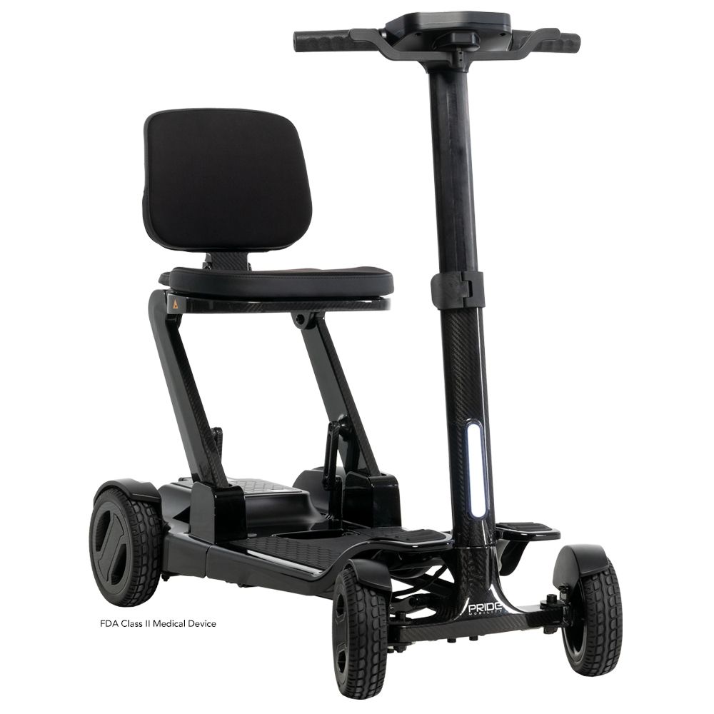 A red
and black mobility scooter with a basket on the front.