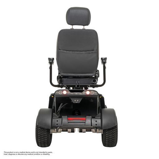 The back of a black mobility scooter on a white background.
