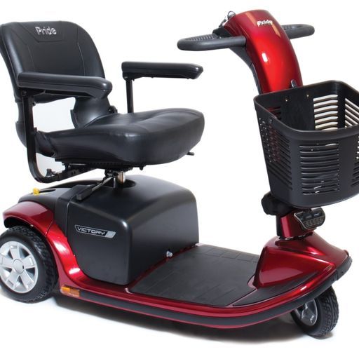 A red pride mobility scooter with a basket on the front