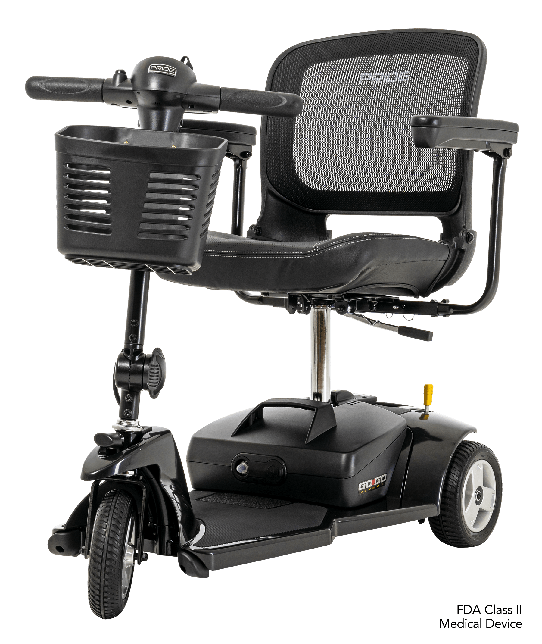 A black mobility scooter with a basket on it on a white background.