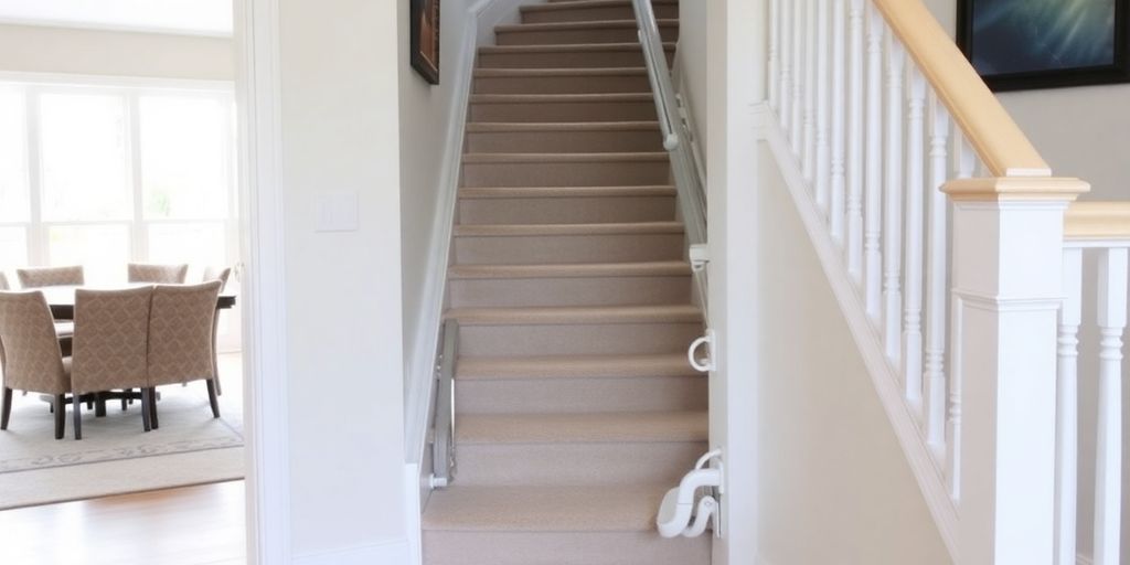 Stair lift on a well-lit staircase in a home.