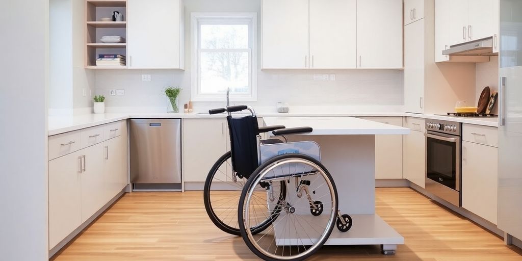 Accessible kitchen with lowered counters for wheelchair users.
