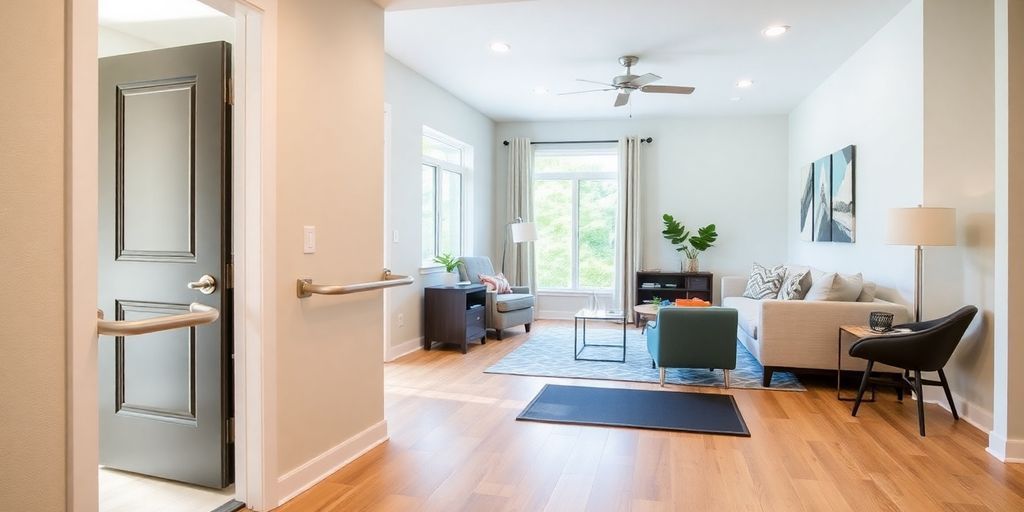 Accessible home interior with wide doorways and grab bars.
