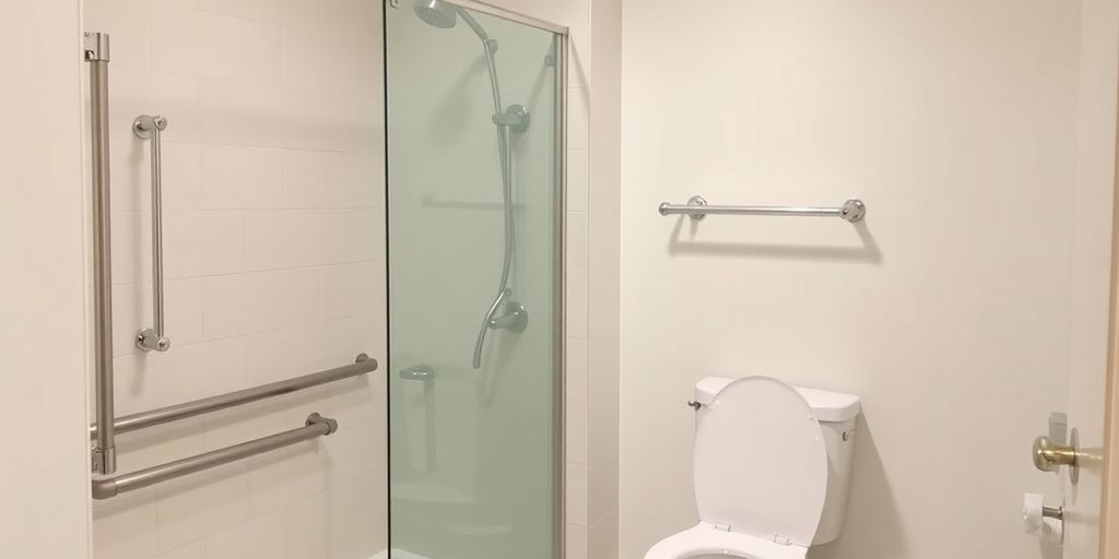 Bathroom with different styles of grab bars installed.