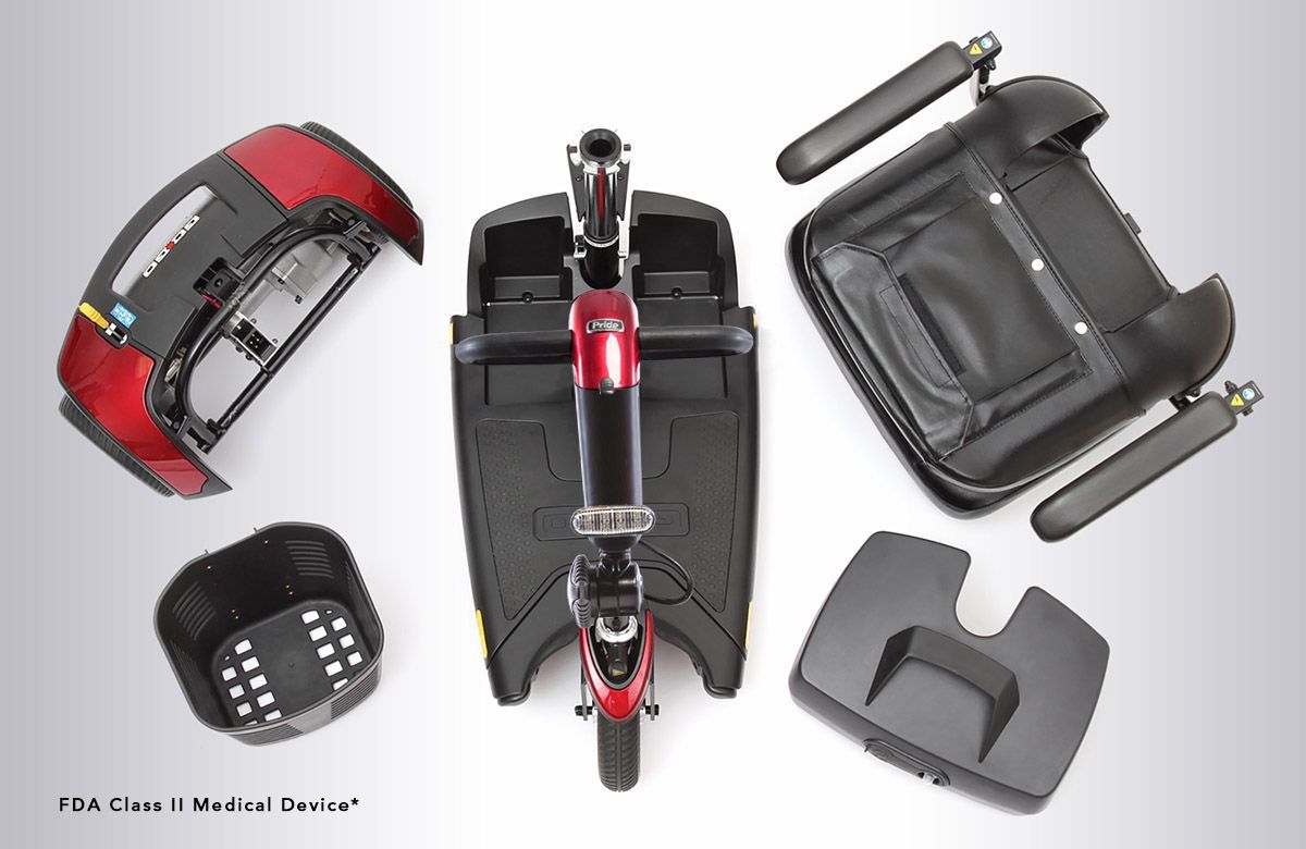 The parts of a mobility scooter are shown on a white background.