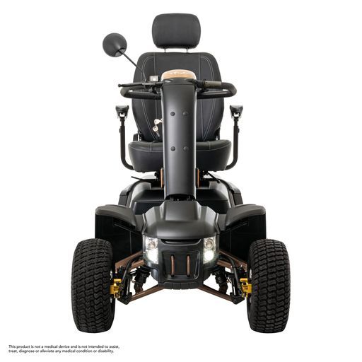 The front of a black mobility scooter on a white background.
