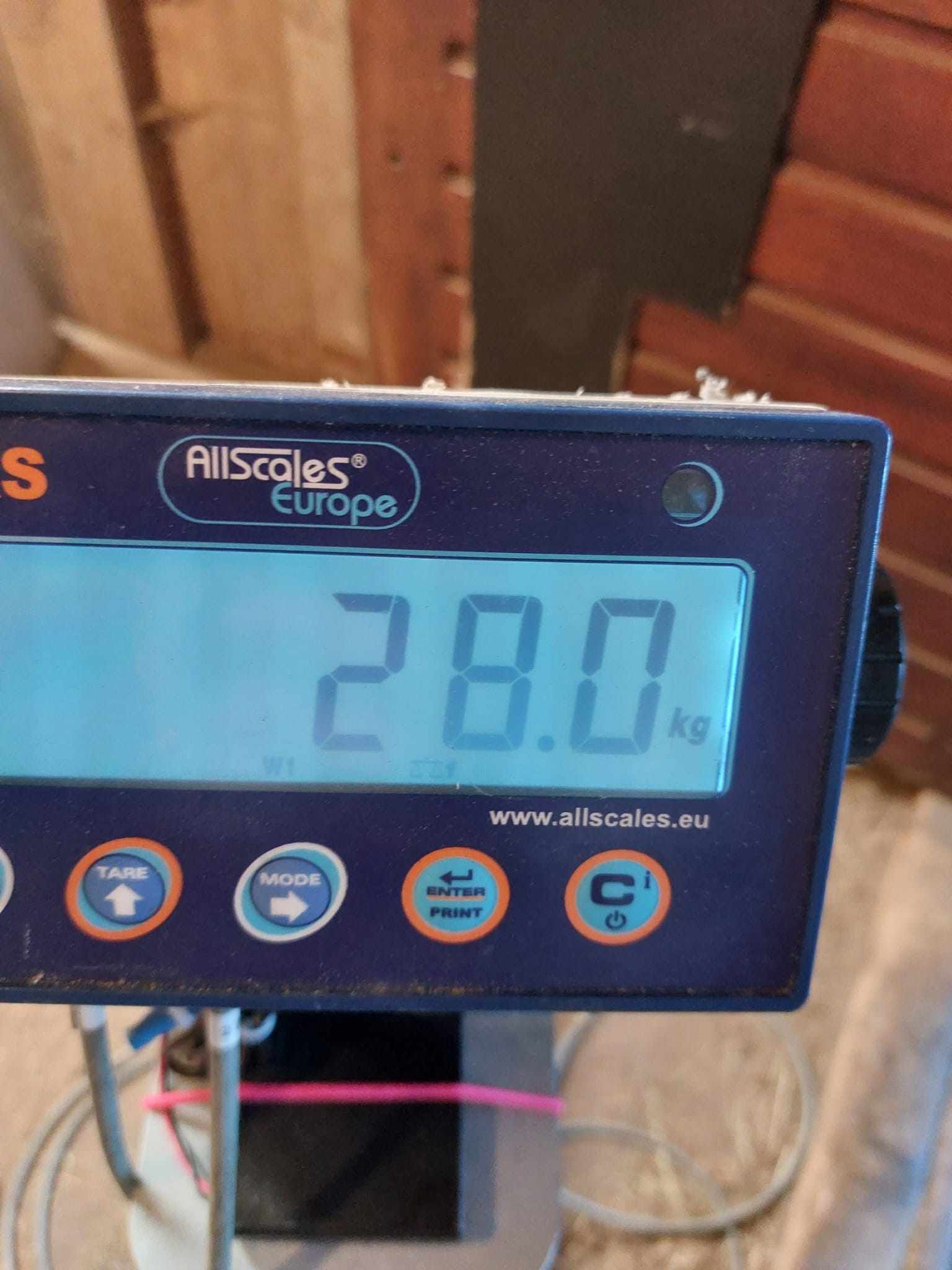 Digitaal display op een blauwe schaal dat 28,0 kg aangeeft in een werkplaatsomgeving.