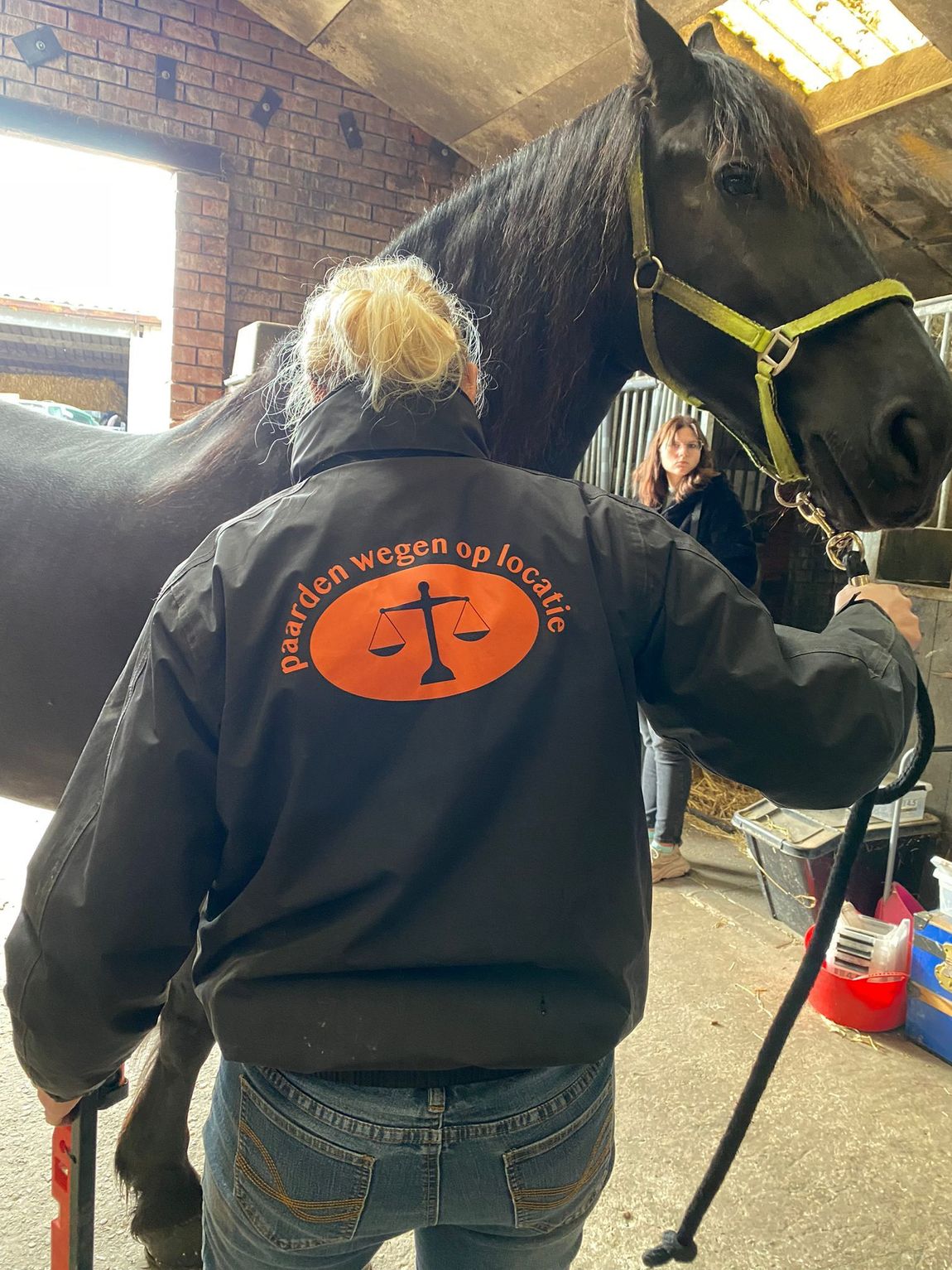 Een persoon staat naast een zwart paard in een stal, gekleed in een zwarte jas en een spijkerbroek.