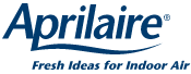 Aprilaire logo with blue text and a curved line below the name, 