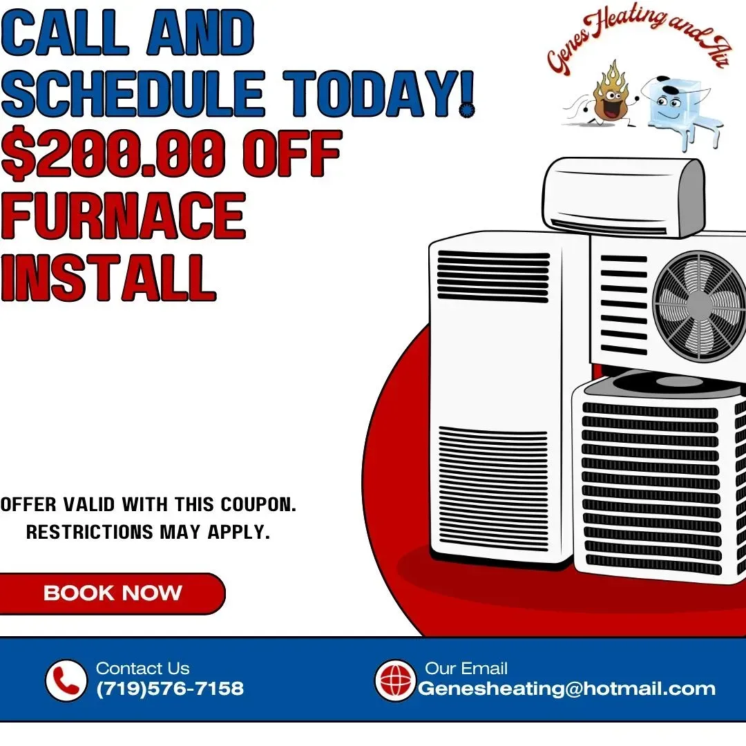 Advertisement for Genee Heating and Air, offering $200 off furnace install. Includes contact info and a coupon.
