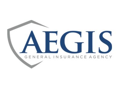 AEGIS General Insurance Agency logo: navy blue text and a grey shield outline on white background.