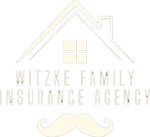 Logo for Witzke Family Insurance Agency, featuring a house outline, text, and a mustache.