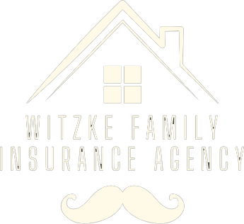 Logo for Witzke Family Insurance Agency, featuring a house outline, text, and a mustache.