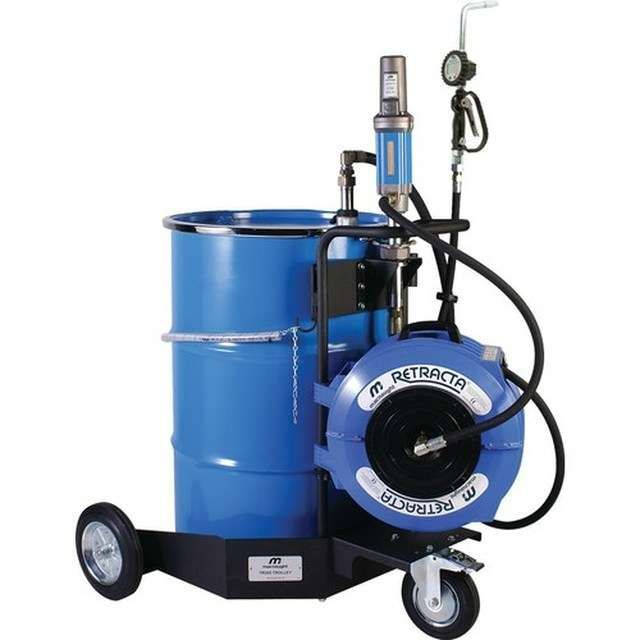 A Blue Barrel With a Retractable Hose Attached to It — Wades Distributors In Garbutt, QLD