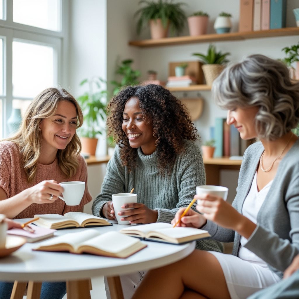 Three people chatting over coffee at a table with open books in a bright living room