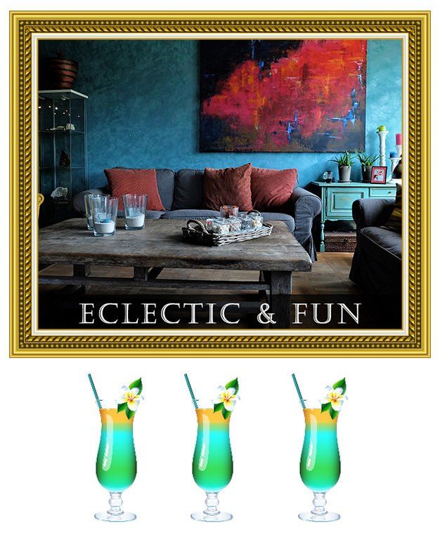 Living room with teal walls and colorful art, captioned “ECLECTIC & FUN,” with three tropical cocktails below