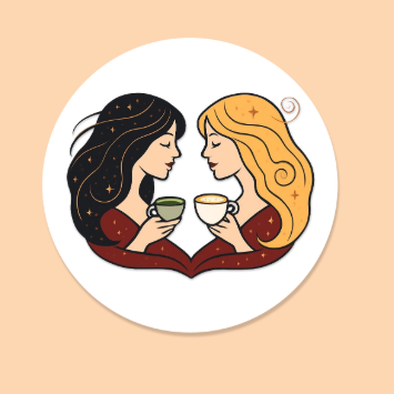 Two women facing each other, smiling and holding teacups, with dark and blonde hair in a warm illustration