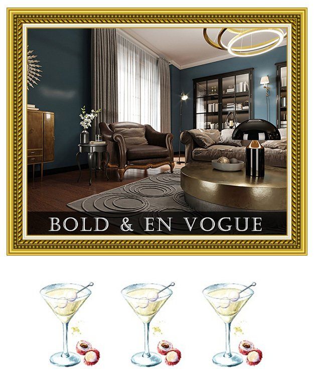 Bold & En Vogue room decor print above three martini glasses with cherries on white background