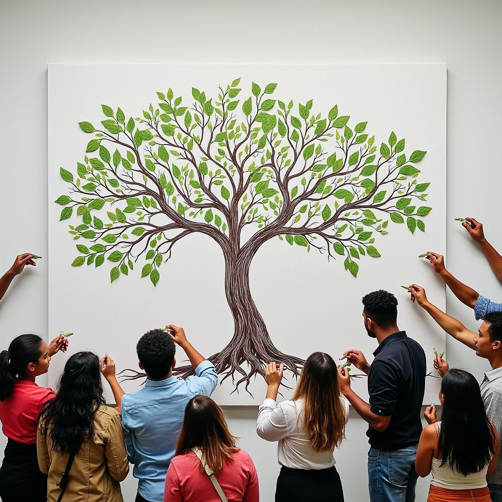 People painting a large tree mural on a white wall together