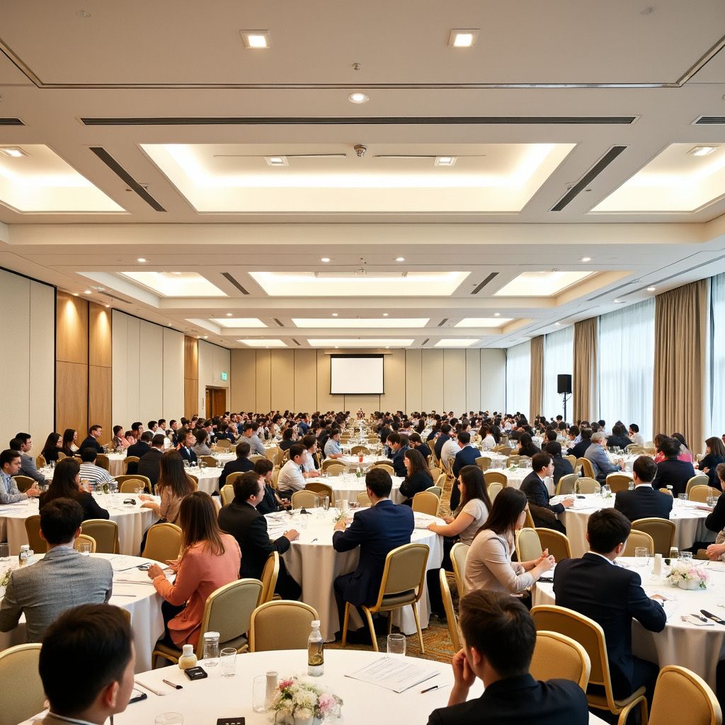 Conference hall filled with seated attendees facing a presentation screen