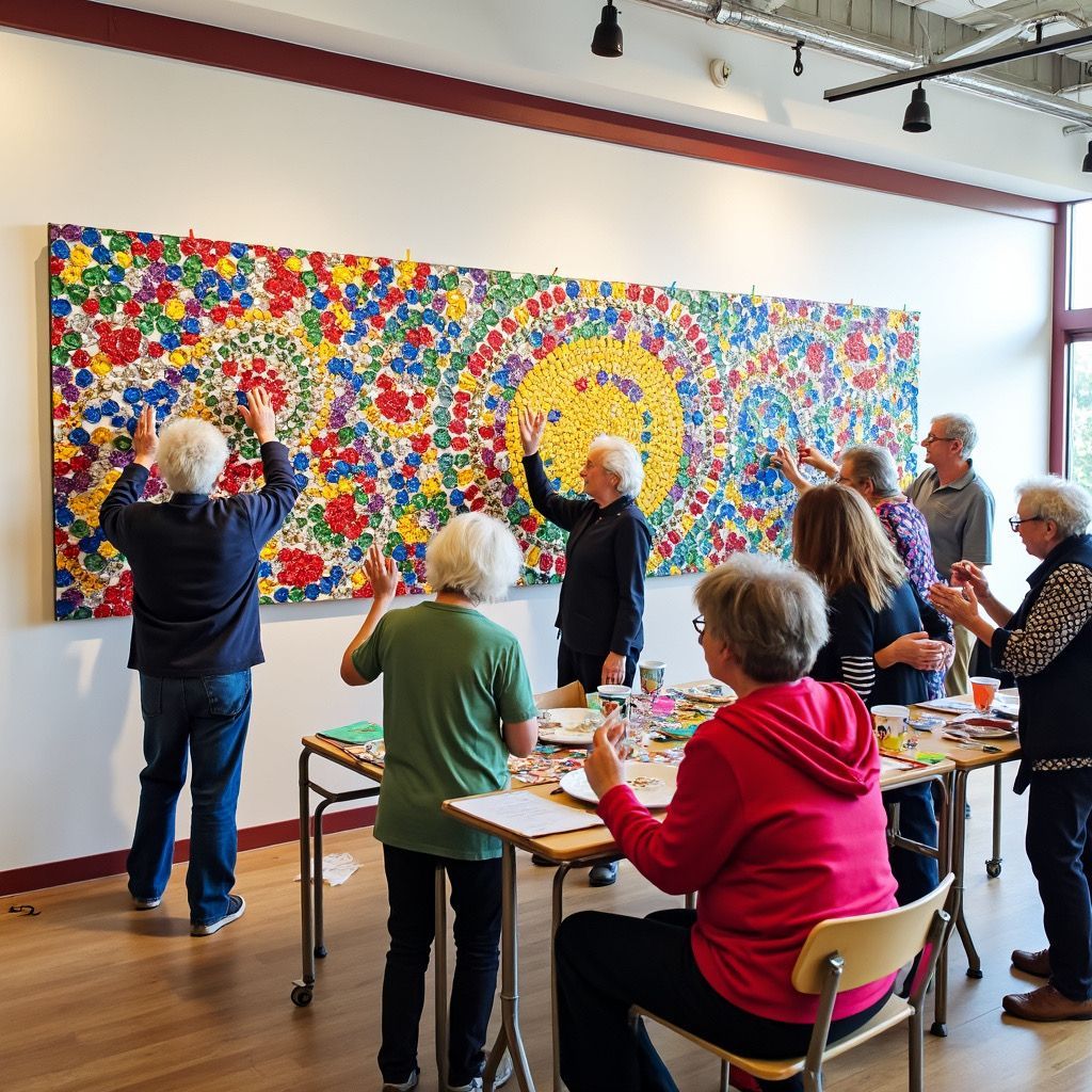 People painting a colorful mural in an art workshop, with a sunburst design and tables of supplies nearby