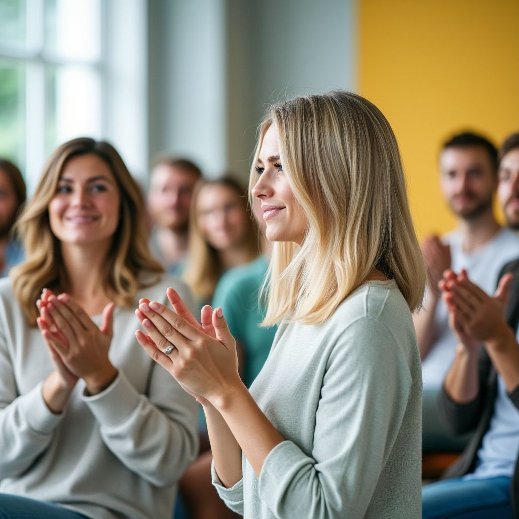 People clapping during a group meeting in a bright room