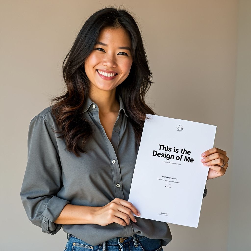 Smiling woman in gray shirt holding a white page with design text against a plain background