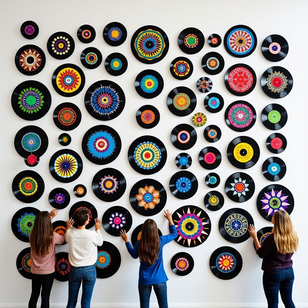 Children admiring a wall of colorful circular art pieces in a gallery.