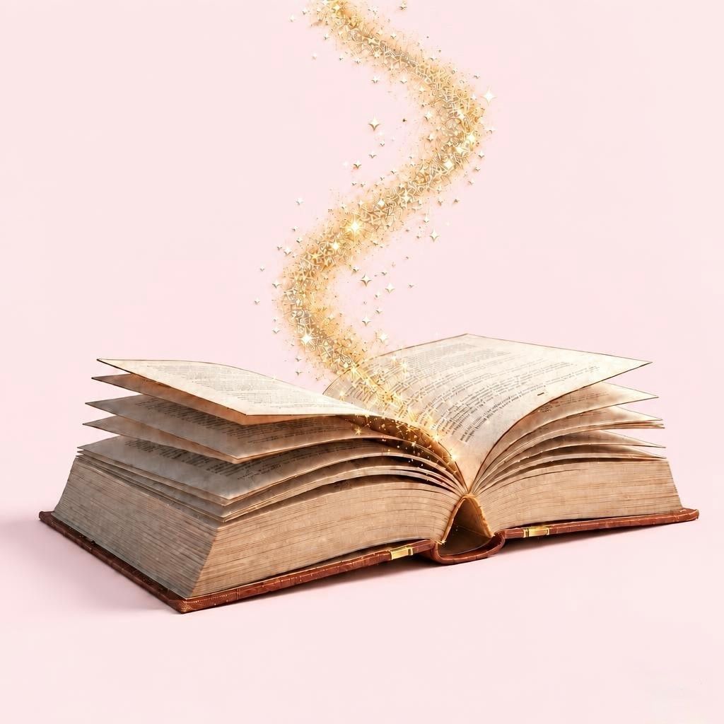 An open book with golden sparkles rising from its pages on a pink background