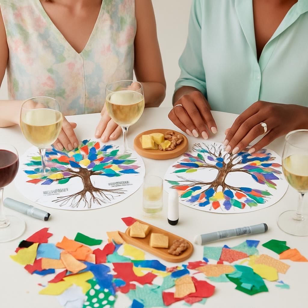 Two people painting colorful tree art on paper at a table with wine, snacks, and scattered paper pieces