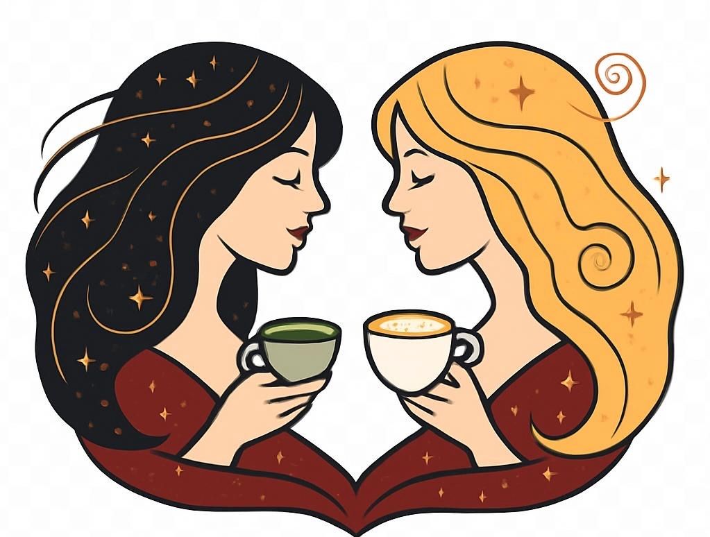 Two women face each other, smiling and holding cups in a warm, stylized illustration.