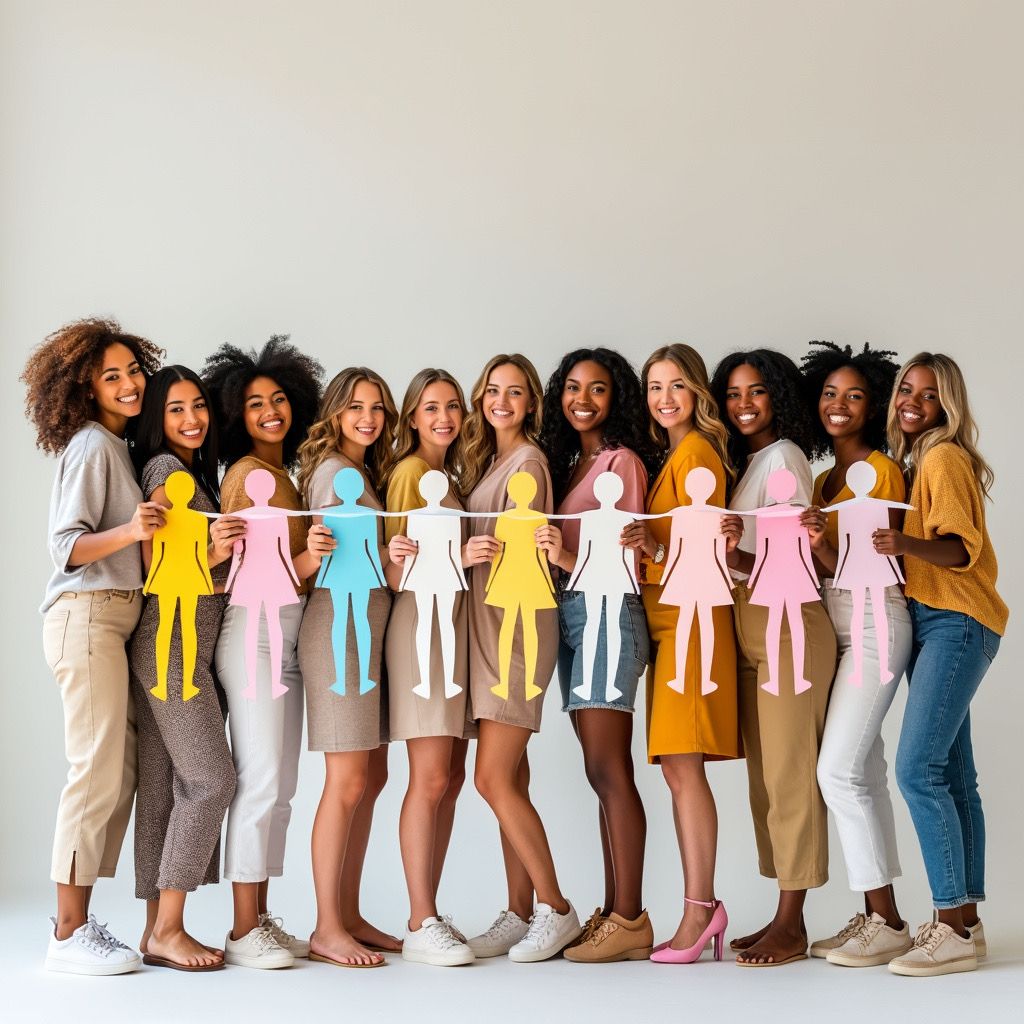 Group of smiling women standing together holding colorful paper cutout figures