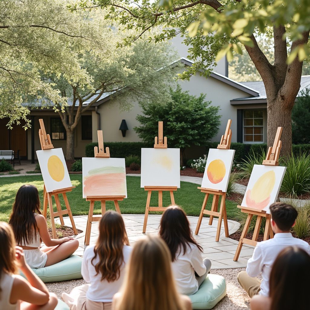 Outdoor art class with seated students painting simple sun and landscape studies on easels in a shaded yard