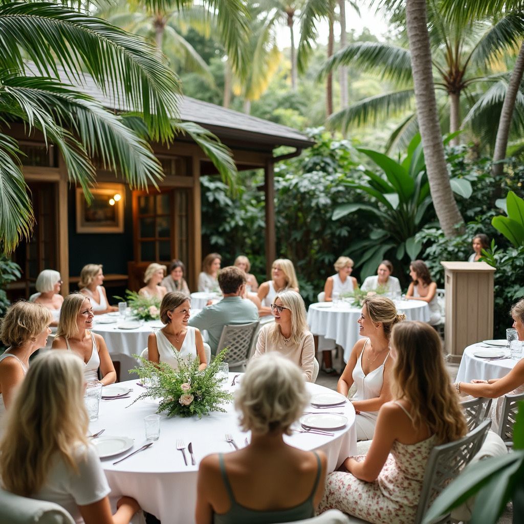 Outdoor garden gathering with people seated around white-clothed tables beside a tropical cottage