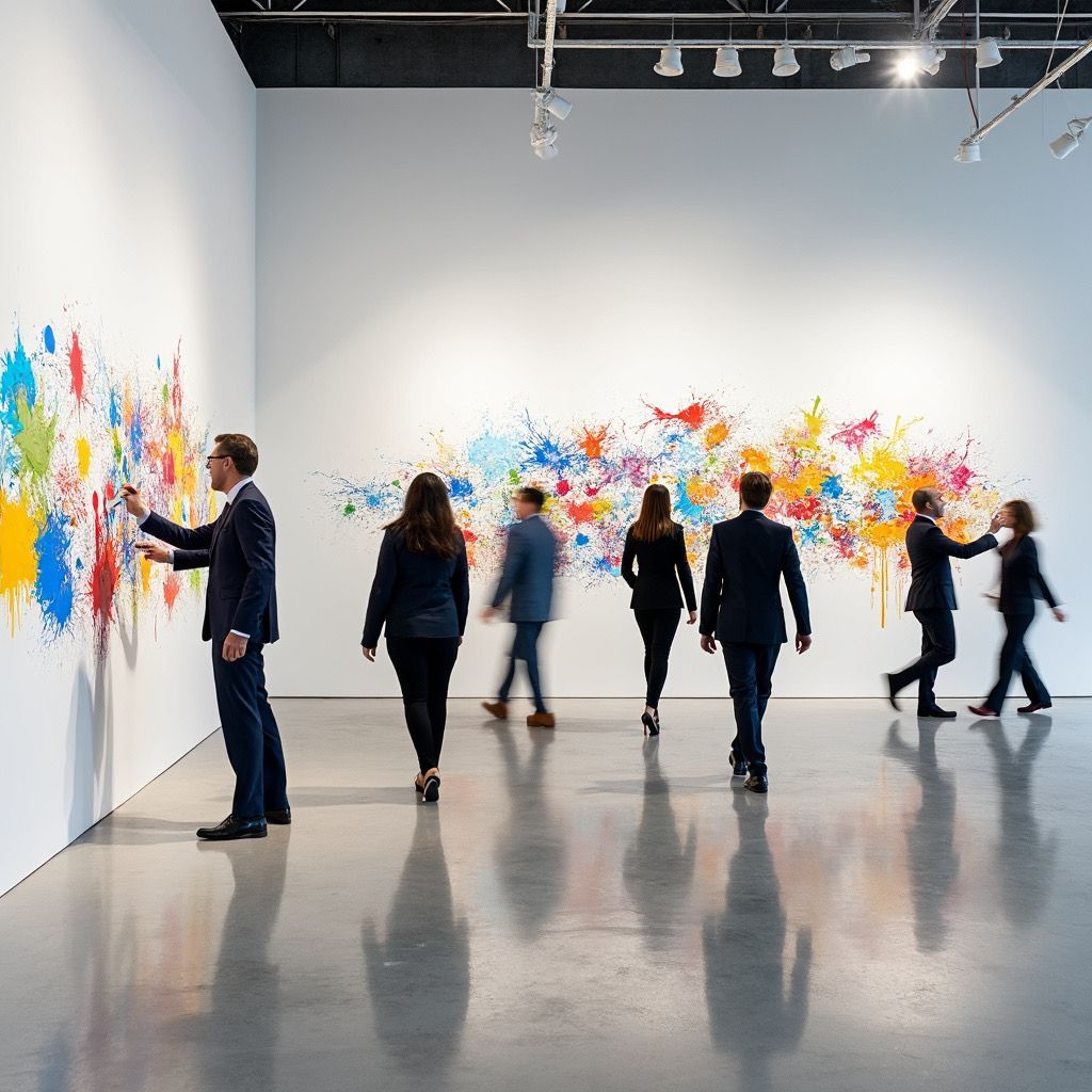 People viewing and painting colorful abstract art in a bright modern gallery.