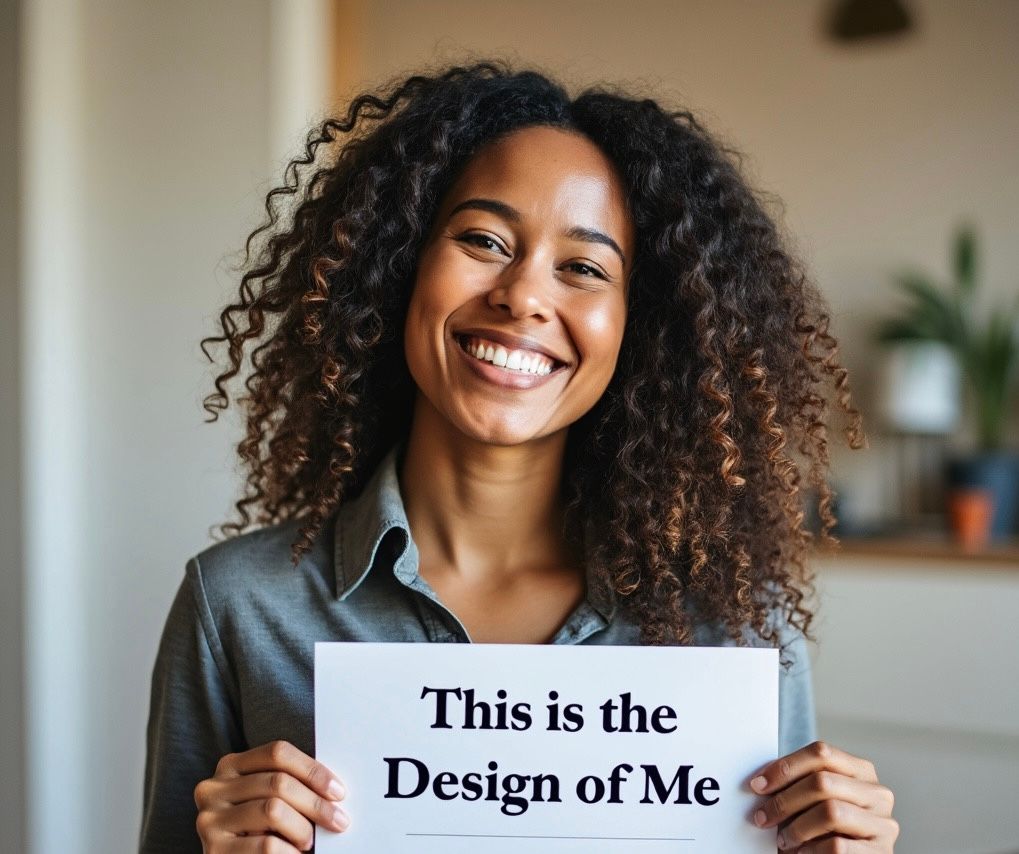 Smiling person holding a sign that reads “This is the Design of Me”