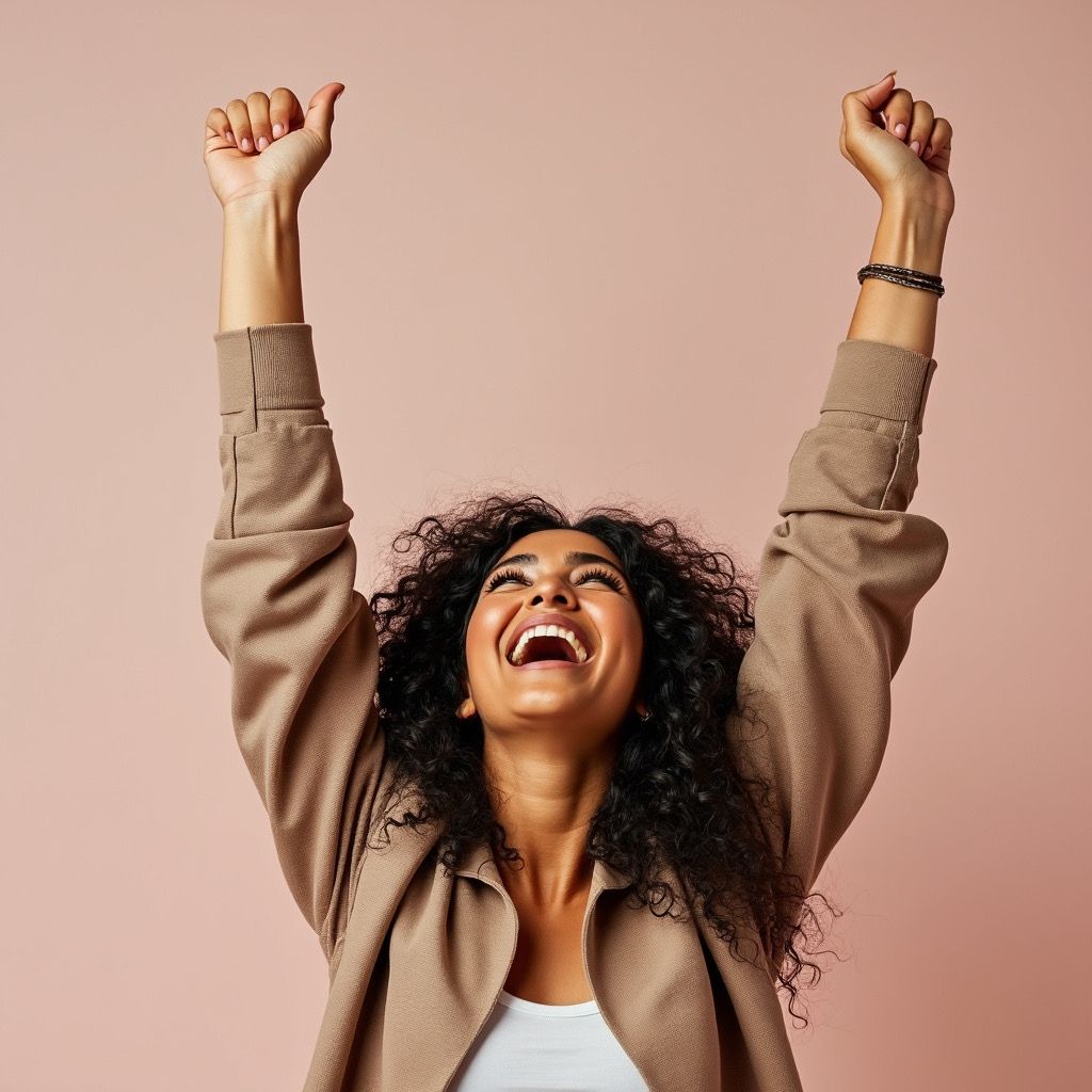 Person with curly hair raises both fists and smiles against a pink background.