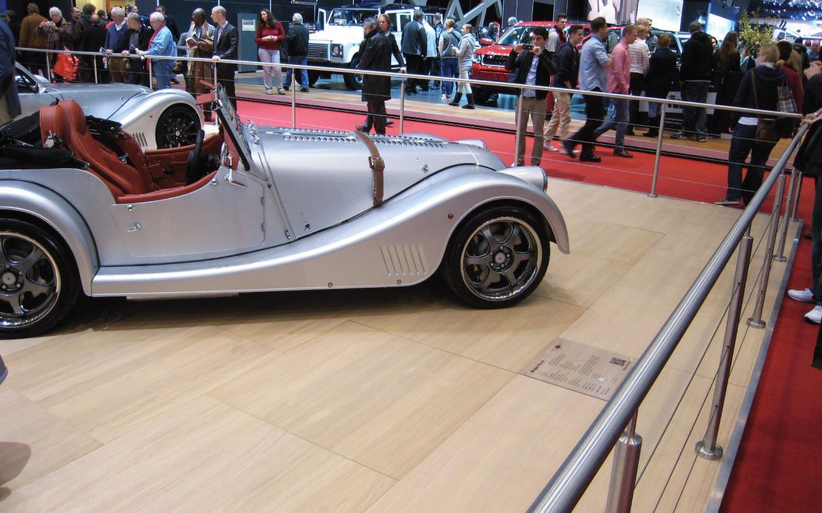 A car show stand with oak flooring 