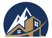 Blue and gold mountain house logo with snowy peak and house window
