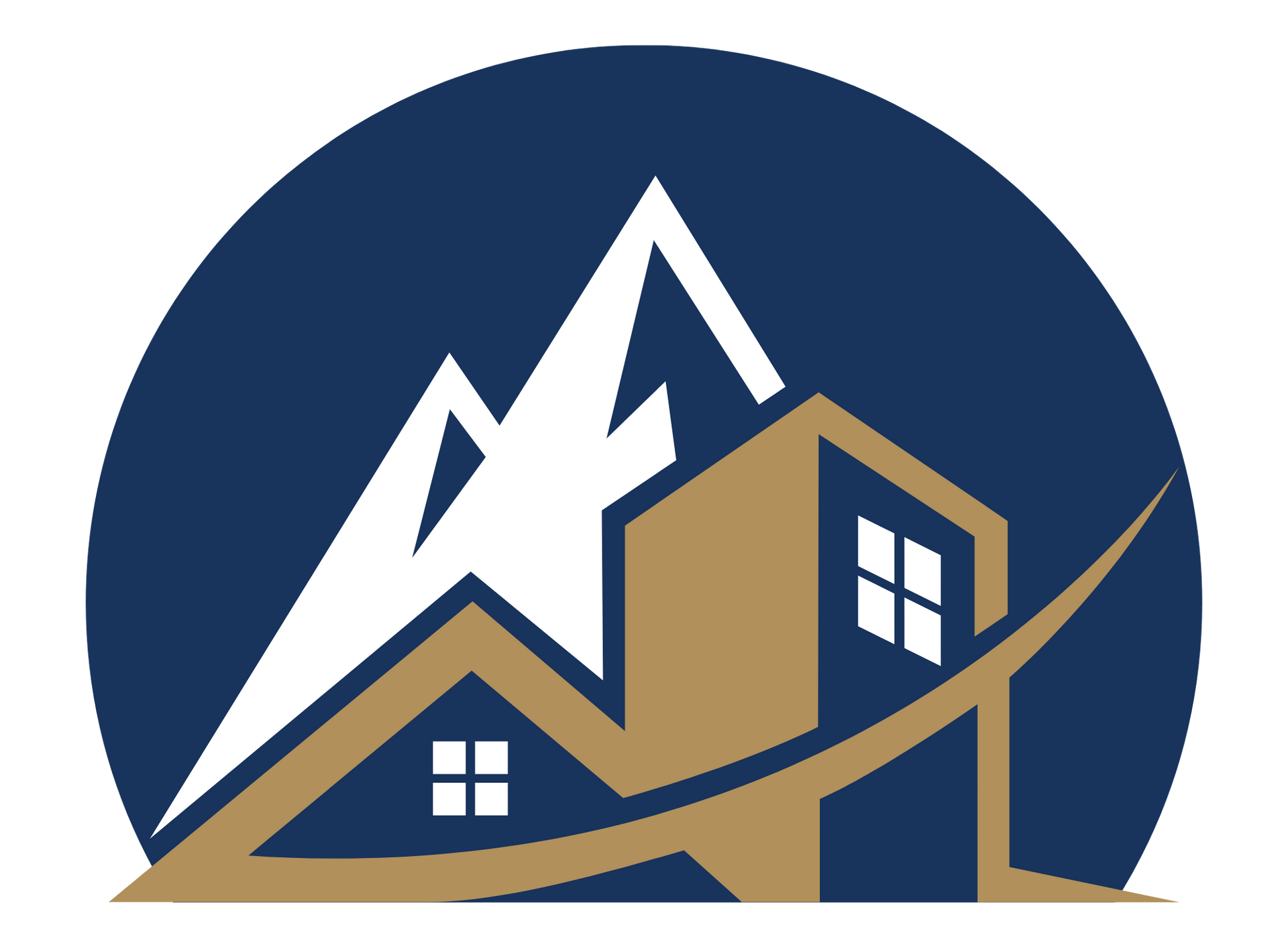 Blue and gold mountain house logo with snowy peak and house window