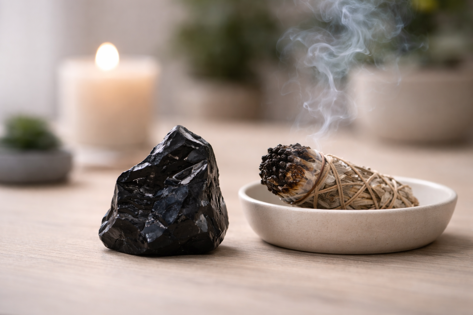 Black obsidian crystal and smoldering sage bundle on a table with a lit candle and potted plants in the background.