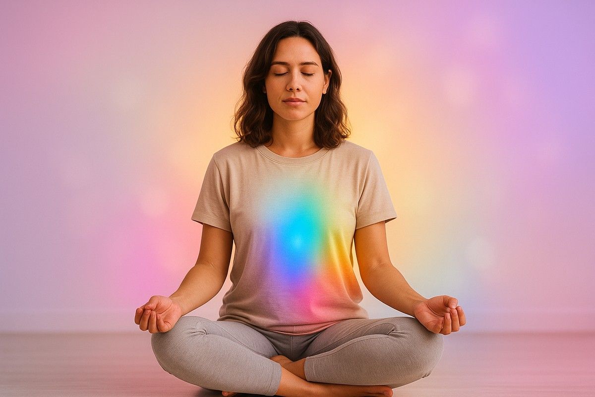 Woman meditating with a colorful aura emanating from her chest.