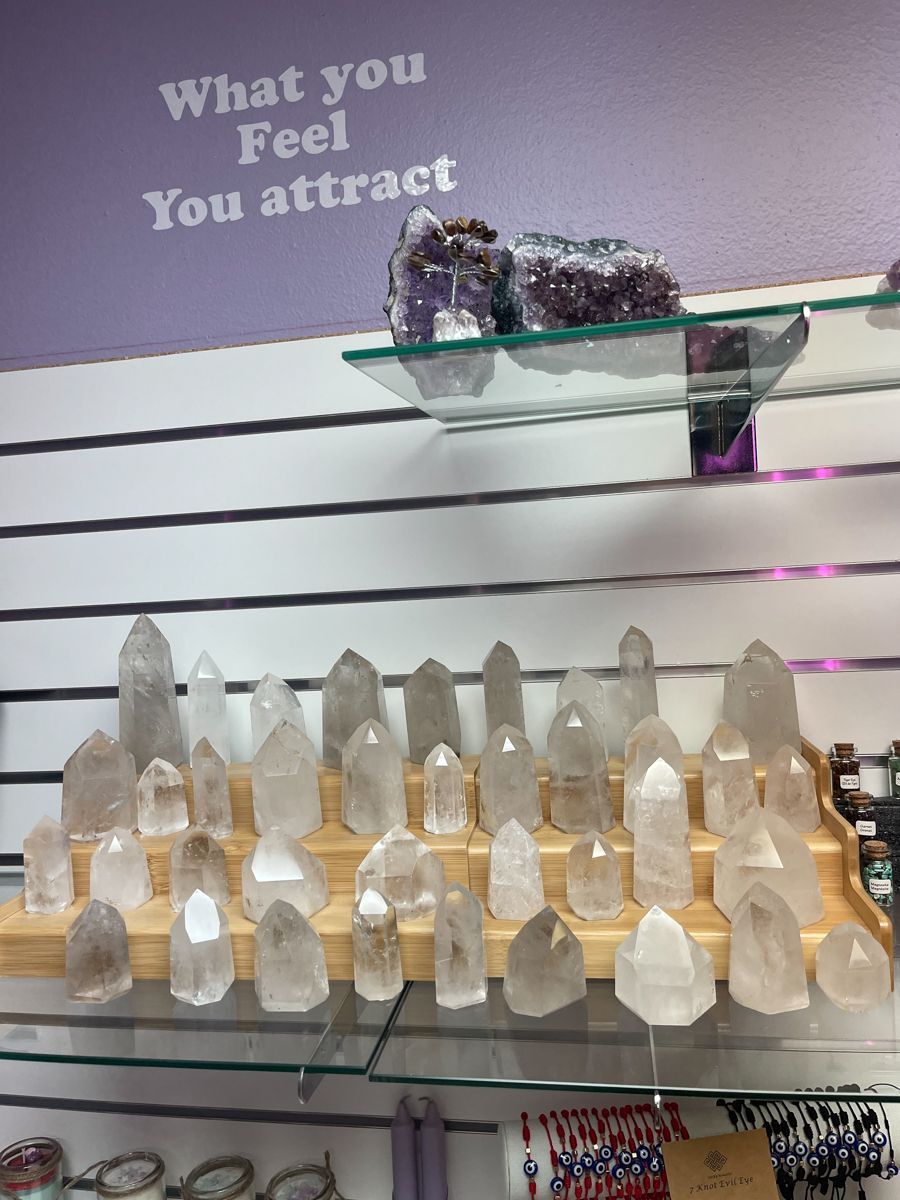 Crystals on display in a store, with the words 