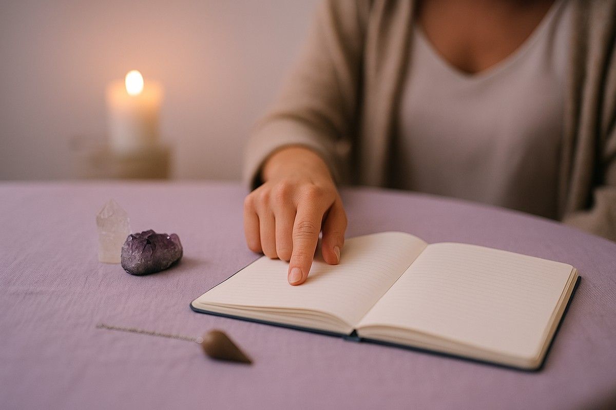 Hand pointing at open notebook on a table with amethyst, pendulum, and candle.