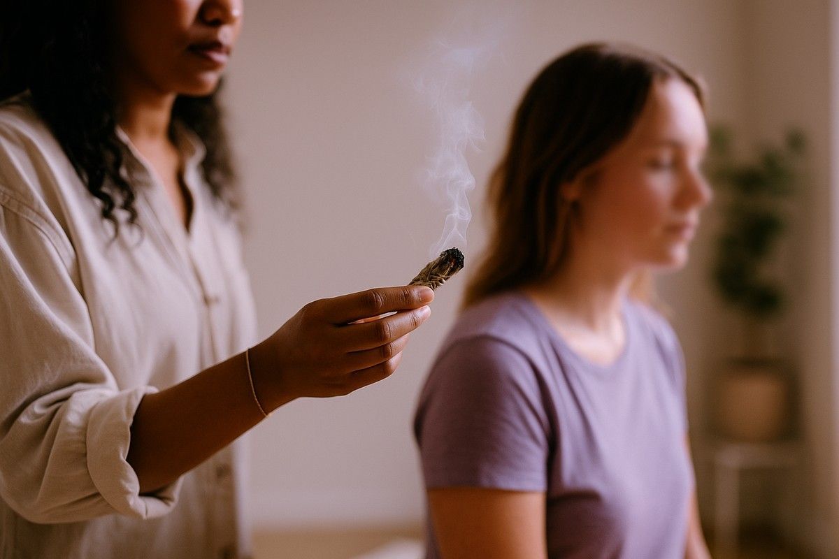 Person holds smoking sage stick near another person seated indoors.