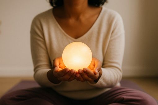 Woman holding a glowing orb in her hands while sitting in a meditative pose.