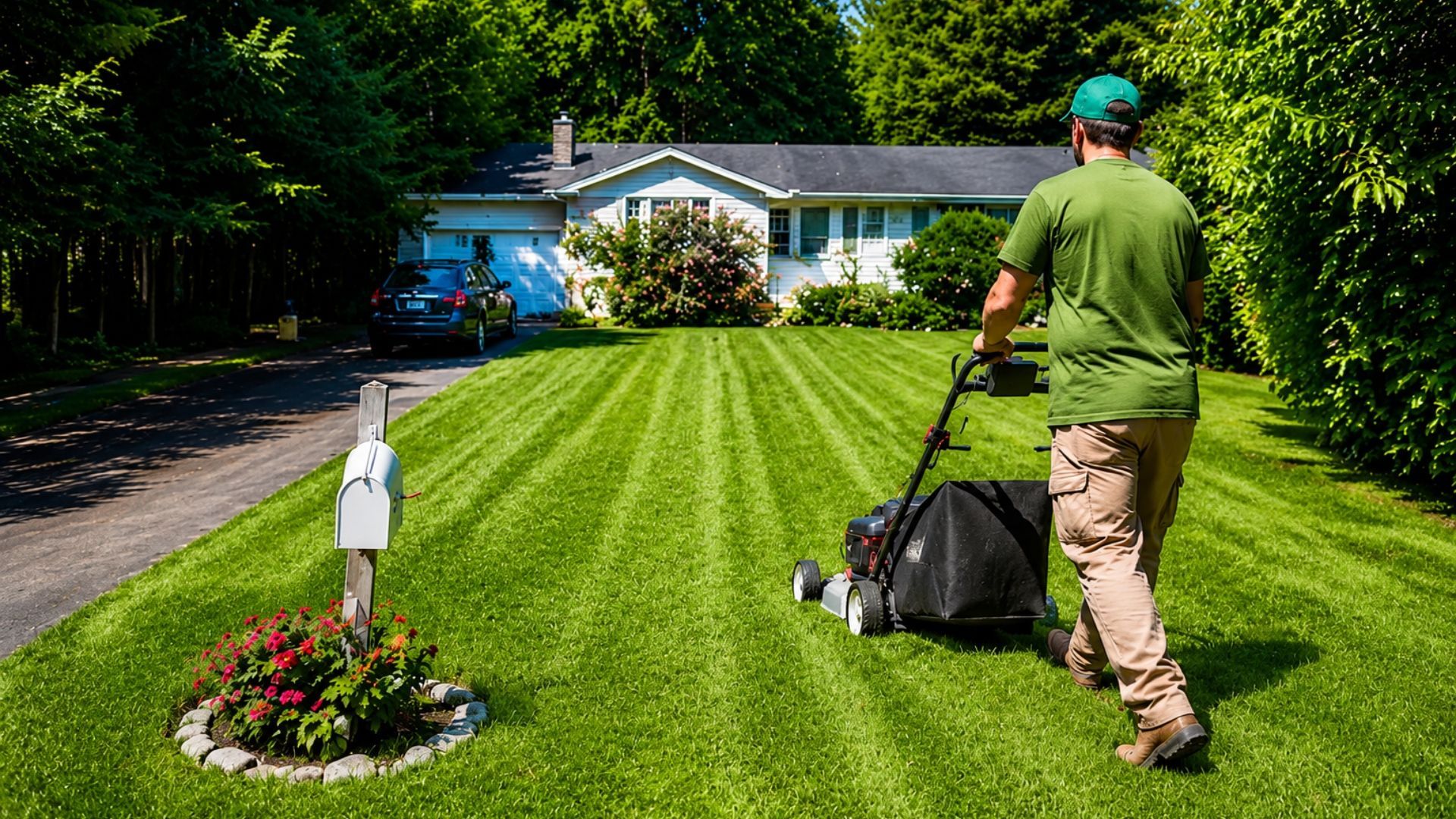Man mowing a striped front lawn toward a house, with flower beds and trees along the driveway.