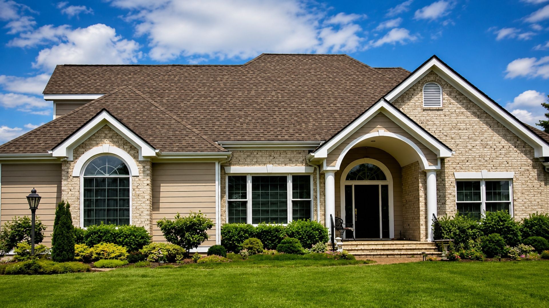 Single-story suburban house with tan brick, brown shingle roof, arched entry, and green lawn